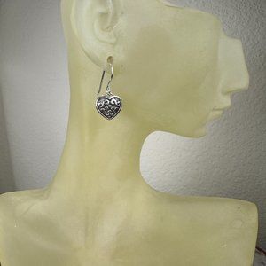 NEW Real Silver Embossed Heart Dangling Earrings